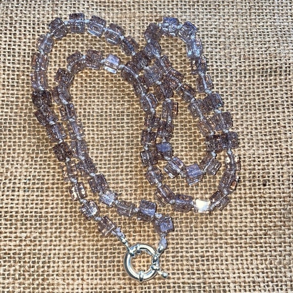 Crackle Stone Square Necklace Knotted designer In style Gray Handmade - Picture 2 of 7